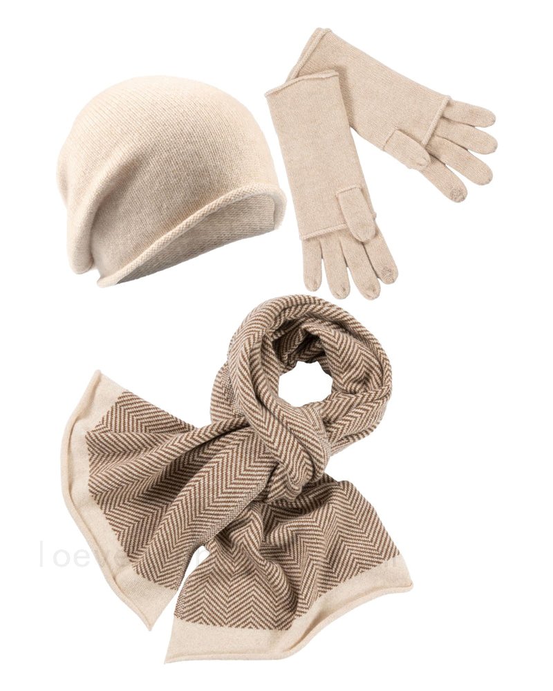 Online Gro&#223;handel Kaschmir-Beanie, Handschuh + Schal mit Fischgr&#228;t-Muster - Beige meliert outlet